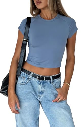 OYIGELZ Damen Basic T-Shirt Klassischer Schnitt Sommer Tee Shirts Kurzarm Crop Tops Y2K Slim Fit Tshirt Oberteile(Nebel Blau-X1,M)