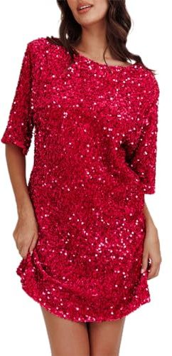YILEEGOO Damen Paillettenkleid Freizeit Lockeres Funkelndes Langes T-Shirt Kleid Rücken Schnürung Glitzer Minikleid Party Club Kurzes Kleid, rot, XL