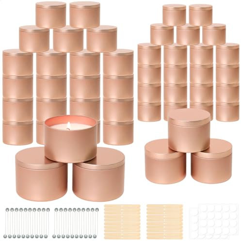 SUPMIND 48 Pack Candle Tins, 24pcs 8oz + 24pcs 4oz Rose Gold Candle Tins for Making Candles, Metal Candle Jars with Lids Bulk Empty Candle Containers for Candle Business, Wick Kit Included