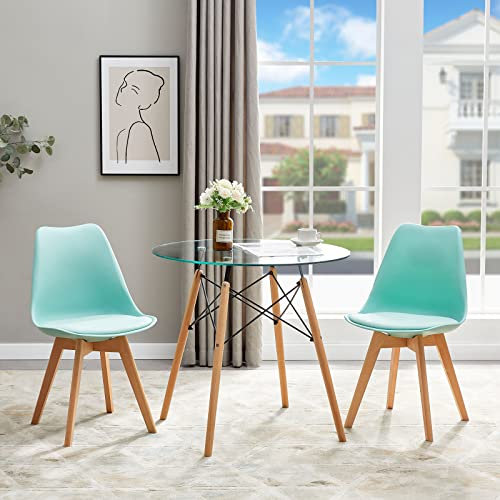 FURNITABLE Essgruppe Esstisch mit 2 Stühlen Esszimmergruppe, Runder Küchentisch-Set für 2 Personen Sitzgruppe für Wohnzimmer Küche Büro(Glas Tisch+2 Grün Stühle)