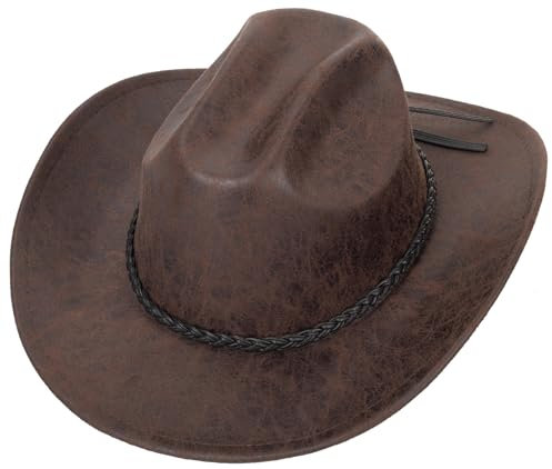 HilyBony Klassischer Western-Cowboy-Hut für Damen, breiter Rand, PU-Leder, Fedora-Hut für Herren, Kaffee mit Band, M