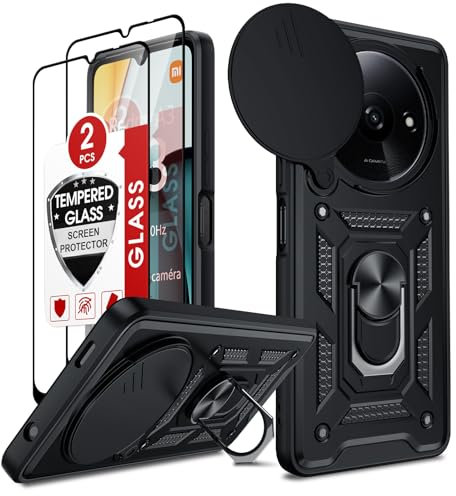 LeYi Coque pour Xiaomi Redmi A3 4G Anneau avec 2*Verre Trempé+Full Protection Caméra Coulissante, Étui de PC Dur et TPU Silicone Militaire Anti-Rayures Coque Redmi A3 4G Antichoc-Noir