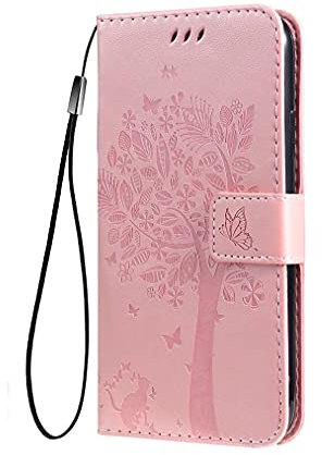 SEAHAI Coque pour Motorola Moto E14/Moto G04/Moto G04S Etui Portefeuille, Joli Rétro Feuilles et Chat Embossée Premium PU Cuir Housse Flip Cover, Étui Antichoc Case, Or Rose