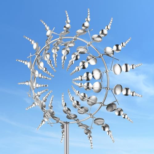 3D Metal Windmill, Outdoor Wind Spinners - Unique Wind Powered Kinetic Sculptures for Yard, Patio, Garden, Lawn Decoration - Height: 95cm/37.4inch (Silver)