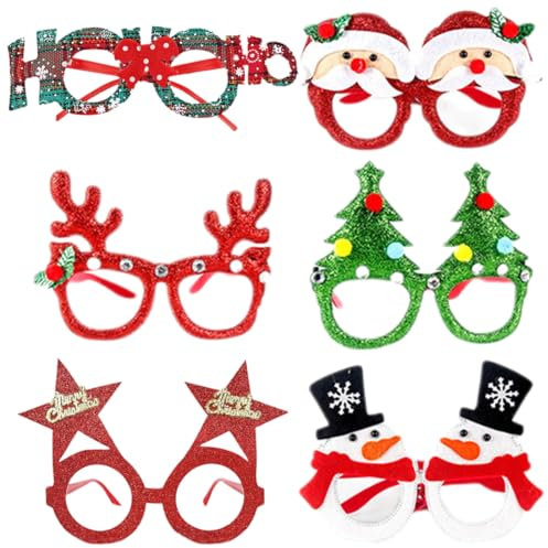 KOLZEMV 6 Stück Weihnachtsbrille Lustige Brille Glitzernde Party Gläser Rahmen Weihnachten Foto Requisiten Kreative Weihnachtsgläser Nette Partybrille für Weihnachtenskostüm deko Partydekoration