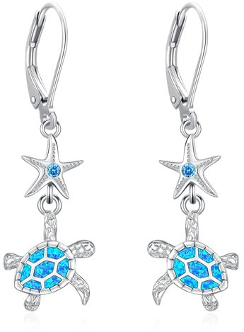 Eusense Meeresschildkröte Ohrringe Sterling Silber Niedliche Tier Ohrringe für Frauen Blauer Opal Schildkröte Ohrringe Seestern Tropfen Ohrringe Schildkröte Schmuck