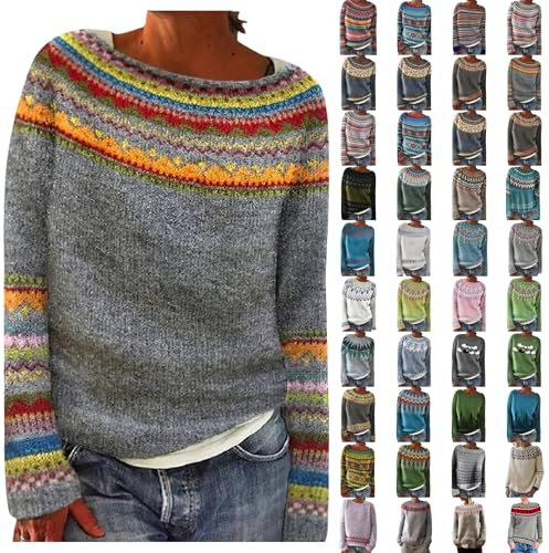 YEBIRAL Longpullover für Damen Norweger Pullover Damen Original Weihnachten Pullover Winter Kaschmir Pullis Langarm Oberteile Elegant Rundhals Casual Warm Winterpullover Strickpullover Jumpers