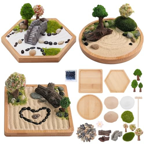 WEBEEDY 3 Sets Mini Zen Sand Garden Kit Japanese Desktop Sandbox Zen Garden Kit Cute Zen Home Office Desktop Decor Sand Craft Accessories,Litter Box Sand for Meditation and Relaxation