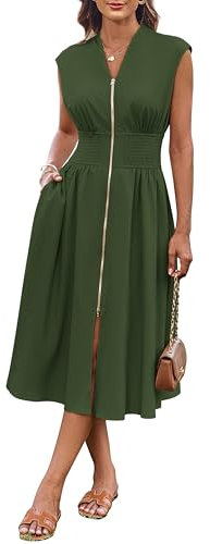 GRACE KARIN Women Short Cap Sleeve Dress Smocked Waist Casual Swing Dress with Zipper Front Army Green M