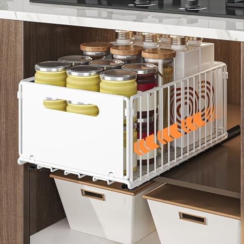 OBEISN Weiß Teleskopschublade, Faltbar Ausziehbare Schublade Küche, Metall Ausziehbarer Schrank Organizer, Kein Bohren Pull Out Cabinet organizer, Küchenschrank Organizer für Küche, Bad, Wohnzimmer