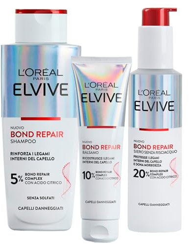 L'Oréal Paris Elvive Bond Repair Set Capelli Danneggiati Shampoo Senza Solfati 200ml + Balsamo Ricostituente 150ml + Siero Senza Risciacquo Riduce Doppie Punte 150ml - Set da 3