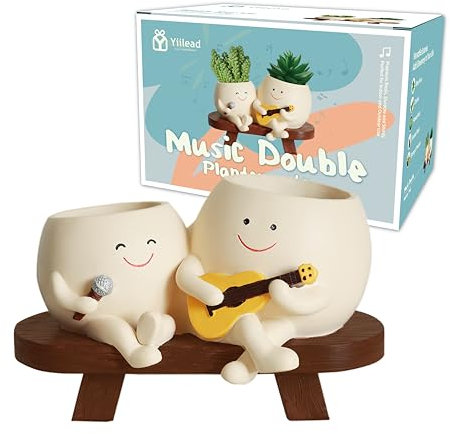 yiilead Pot de Fleurs en résine avec Motif Smiley à Double tête de Guitare,Pot de Fleurs Unique pour l'extérieur et l'intérieur,avec Trou de Drainage,Cadeaux pour Papa et Maman