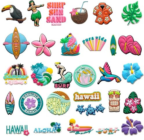 Shoe Charms,30 Pcs Beach Charm,Shoe Accessories of Various Shapes Include Cute Animals Hawaii Tennis Swim Plants Leaves Flowers, for Boys Girls Mens Womens Favor Surprise Gifts