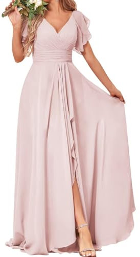 Robes de demoiselle d'honneur à manches courtes pour mariage en mousseline plissée formelle soirée robe maxi avec fente AH139, rose, 38