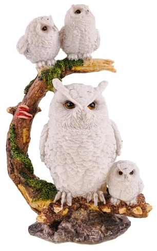 Kremers Schatzkiste Eulen Figur mit Babys Handbemalte Polyresin Deko 32x22x17cm Eulenfamilie auf AST - liebevolle Gartendeko & Wohnzimmerfigur - weiße Eule Skulptur für Natur- & Tierfreunde