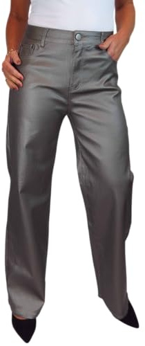Paulo Due Womens Wide Leg Leather Look Jeans Pewter 10-20 (16)