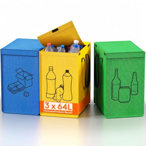 Lifewit Borse Raccolta Differenziata, Set di 3 Pattumiera Differenziata | Bidoni differenziata esterno, bidoni differenziata da interno per carta, cartone, plastica, vetro, 3×64L, con coperchio