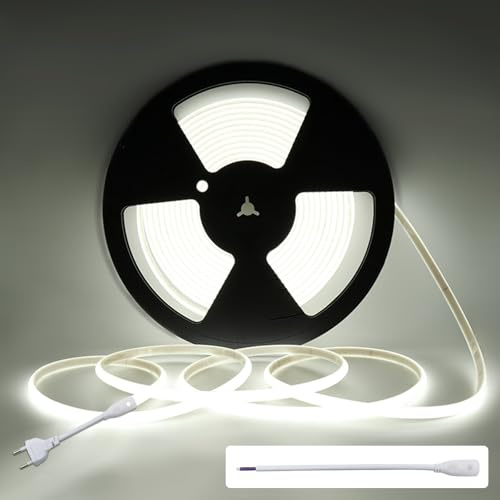 COB LED Streifen 230V 10m Kaltweiß 6000K IP67 dimmbar | 296 LEDs/m, direkt an AC 230V ohne Trafo, zuschneidbar alle 12,5 cm, PVC Schlauch für Innen & Außen