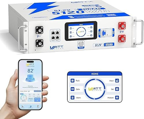 Wattcycle 48V 100Ah LiFePO4 Battery, 3U 5.2KWh Server Rack Mount Battery with LCD Touchscreen & Bluetooth, Solar Battery Kit with 6000+ Cycles