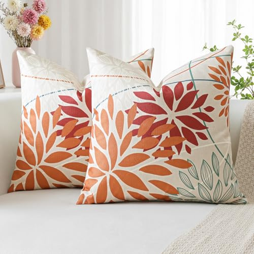 Artscope 2er Set Orange Rot Dahlien Blumen Kissenbezüge 45x45cm, Frühling Moderne Elegante Blume Geometrisch Muster Kissenhülle für Sofa Schlafzimmer Wohnzimmer Außenbereich Deko