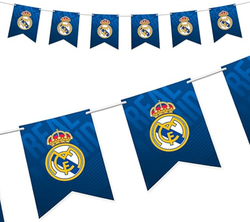 OH YEAH - Guirnalda Cartón - Decoración Cumpleaños Real Madrid LICENCIA OFICIAL - Ideal para Fiestas Infantiles - Pack Cumpleaños Futbol - Ambiente Futbolero - Para Comuniones y Eventos Temáticos