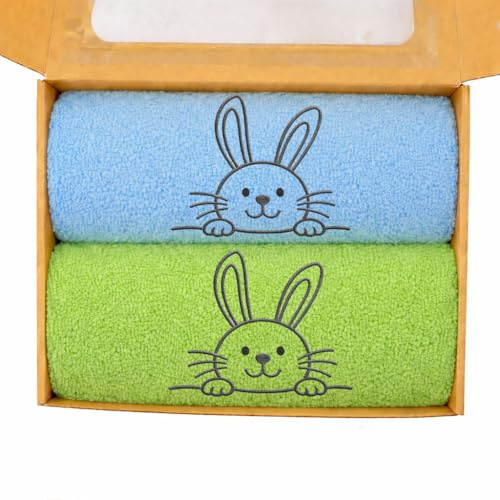 MFAZ Morefaz Ltd Osterhandtücher Set mit 2 Stück, 50 × 100 cm, 500 g/m² Baumwolle, Hasen-Stickerei, in Geschenkbox (Himmelblau – Limette, Medium)