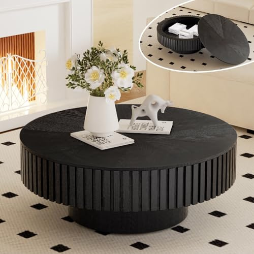 WUPDPQS 31 Zoll Runder Couchtisch mit Stauraum, Schwarz | Für Wohnzimmer, Klappdeckel, Holz Geriffeltes, Trommelform, Mid-Century-Modern-Stil, Wohnzimmertisch Für Kleine Räume