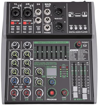 Asixxsix Mixer, Mixer DJ Professionale con 4, Tasto di Accensione 48 V, Processore di Segnale Digitale a 99 Bit, Uscita EQ a 7 Bande, Scheda per Registrazione (Spina europea)