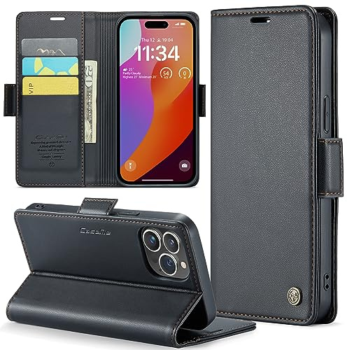 Guisessy for iPhone 15 Pro Case, PU Leather Flip Wallet Case [RFID Blocking] [Credit Card Holders] Magnetic Closure Protective Shockproof Phone Case for iPhone 15 Pro 6.1 - Black