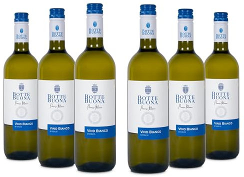 BotteBuona Vino Bianco Trebbiano Rubicone IGT, Gusto Fresco e Profumi Floreali, 11% Vol, Confezione con 6 Bottiglie da 750 ml