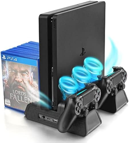 Support Vertical pour PS4/PS4 Slim/PS4 Pro - Ventilateur de Refroidissement avec Manette de Chargeur PS4 Station de Charge avec Rangement de Jeux (Noir)