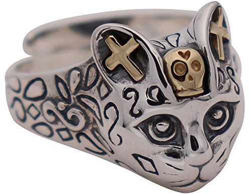ForFox Vintage 925 Sterling Silber Katzen Kopf Ring mit Golden Totenkopf Kreuz Biker Schmuck für Herren Damen Offen Verstellbar