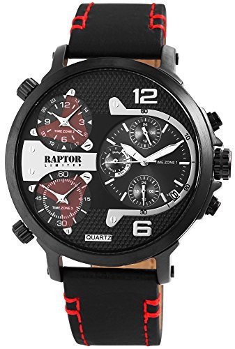 Raptor Limited Herren-Uhr Leder Armbanduhr schwarz rot 3 Zeitzonen 24 Std. Anzeige Tachymeter Datums-/ Wochentaganzeige