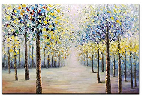 AMEI Kunstgemälde, 61 x 91 cm, handgemalt, dichter Wald, Wandkunst auf Leinwand, abstrakter Baum, Ölgemälde, moderne Heimdekoration, gespannt und gerahmt, fertig zum Aufhängen für Wohnzimmer