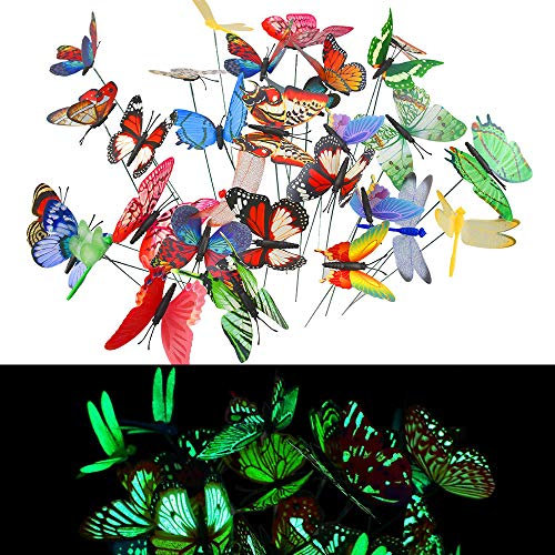 TANCUDER 25 PCS Estacas de Mariposas de Jardín Luminosas 5 PCS Estacas de Libélulas Adornos en Palos Colorido Jardín Mariposas Impermeable para Decoración de Planta Yarda Exterior Balcón
