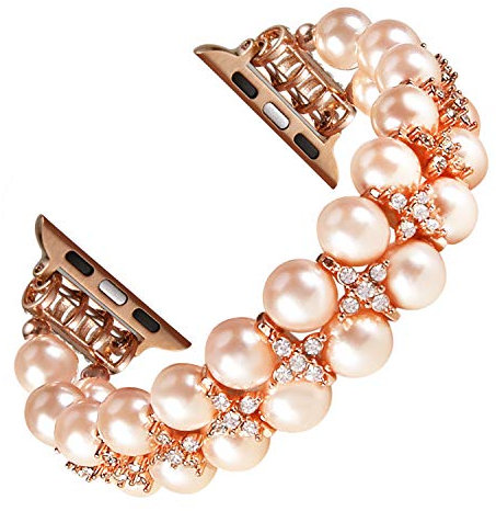 GEMEK Perla Bracciale compatibile con Apple Watch Band 38/40/41 mm iWatch Serie 9/8/7/6/5/4/3/2/1, artificiale elastico Stretch Bling diamante gioielli cinturino di ricambio per le donne (Oro rosa)
