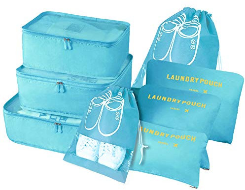 Vicloon Koffer Organizer, 8-in-1-Set Gepäck Organizer, wasserdichte Reise Kleidertaschen umfassen 2 Schuhbeutel, 3 Packwürfel und 3 Aufbewahrungsbeutel, für Kleidung Schuhe Kosmetik - Hellblau