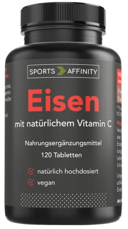 Sportsaffinity Eisen mit Vitamin C I 120 Tabletten hochdosiert I mit 20mg Eisen & 40mg Vitamin C aus der Acerola Kirsche pro Tagesdosis I natürlich vegan & frei von Zusätzen I Premium Qualität