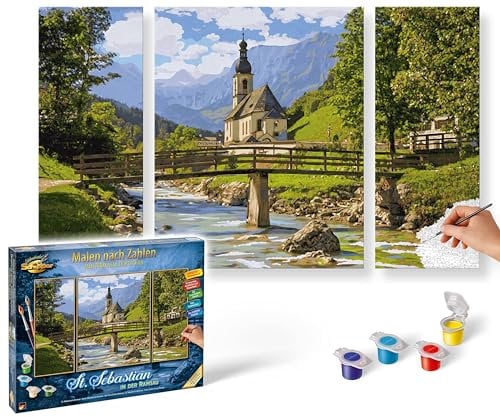Schipper 609260839 Peinture par numéros Saint-Sébastien dans la Ramsau – Peinture pour Adultes avec pinceaux et peintures acryliques, Triptyque 50 x 80 cm