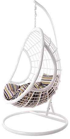 Kideo® Komplettset: großer Hängesessel mit Gestell & Kissen, Hängesessel weiß, Lounge Möbel, Poly-Rattan, weiß (Kissen: gestreift Chesterstepp (7891 Terra))