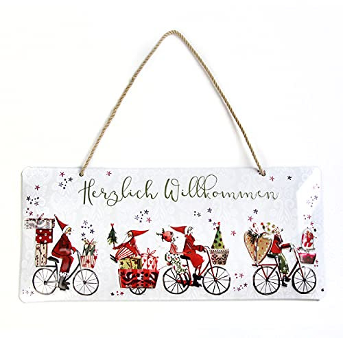 Türschild Weihnachten - Herzlich Willkkommen I Blechschild mit hochwertiger Prägung I weihnachtlich mit Weihnachtsmann auf Fahrrad I schönes Geschenk zum Nikolaus