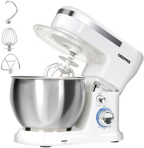 Geepas 1000W Tilt-Head Stand Food Mixer | 5L Kitchen Electric Standing Mixer With Dough Hook, Whisk, Beater & Stainless Steel Mixing Bowl For Baking, Salad | 3-in-1 Cake Mixer, 12 Speed & Pulse