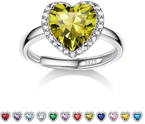 Bestyle Mondstein Ring Silber 925 Damen Verstellbare Ringe mit Geburtsstein August Fingerringe Herz-Ehering Peridot Schmuck für Mädchen