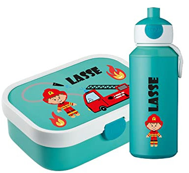 4youDesign SET: türkise Brotdose mit Fächern & Trinkflasche -Feuerwehr- personalisiert mit Namen I Campus mit Bento-Box & Gabel Jungen & Mädchen