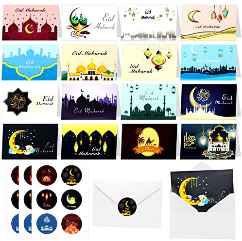 DPKOW Eid Mubarak Grußkarten Set, Fröhliche Eid al Fitr Karten Islamische Muslimische Grußkarten für Eid Mubarak Partyzubehör, 16 Eid Glückwunschkarten mit 16 Umschlägen 18 Siegelaufklebern