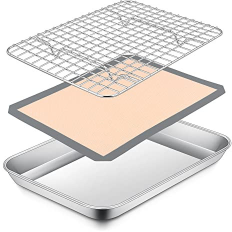 10.4 Inch Small Toaster Oven Tray with Cooking Rack and Silicone Mat Set, P&P CHEF Mini Stainless Steel Toaster Oven Baking Pan with Grid Cooling Rack, 3 Pcs (1 Pan + 1 Rack + 1 Mat), Dishwasher Safe