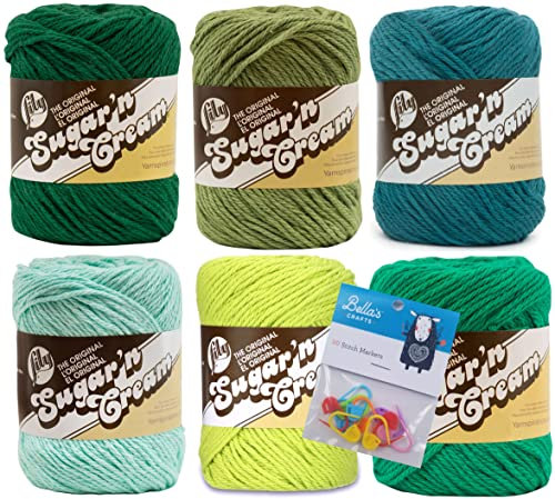 Lily Sugar'n Cream 100% Cotton Yarn 6-Pack Bundle with Bella's Crafts Stitch Markers (Greens)