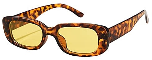 Long Keeper Aesthetic Retro Vintage Rectangular Sunglasses for Women and Men and Girls UV400, Leopard / Yellow