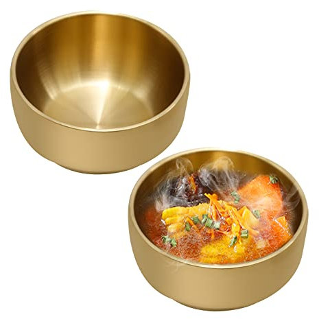 MDEOOSKY Goldene Rührschüsseln, kleine doppelwandige Reisschalen, doppellagige Anti-Verbrühungsschüssel, Edelstahl-Salatschüssel, Snackschalen für koreanisches Restaurant, Hochzeit, Party