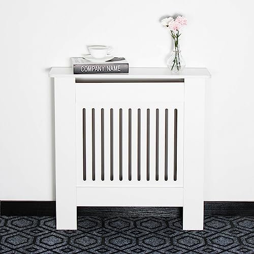 AL AJAL Cache-radiateur moderne en bois MDF blanc à lattes verticales pour salon, chambre à coucher, couloir (petit)